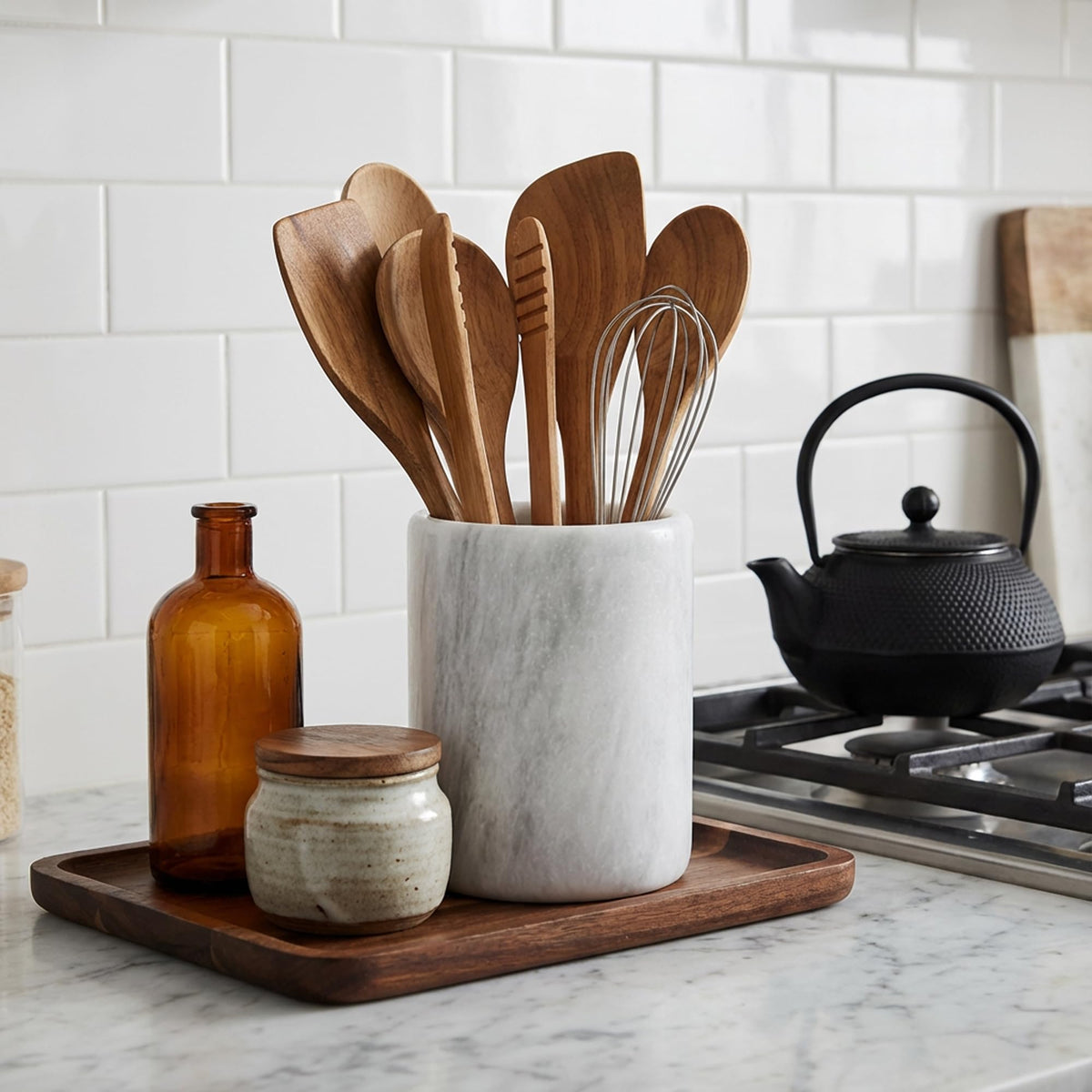 Radicaln Marble Utensil Holder fits spoons and spatulas, reducing counter clutter.
