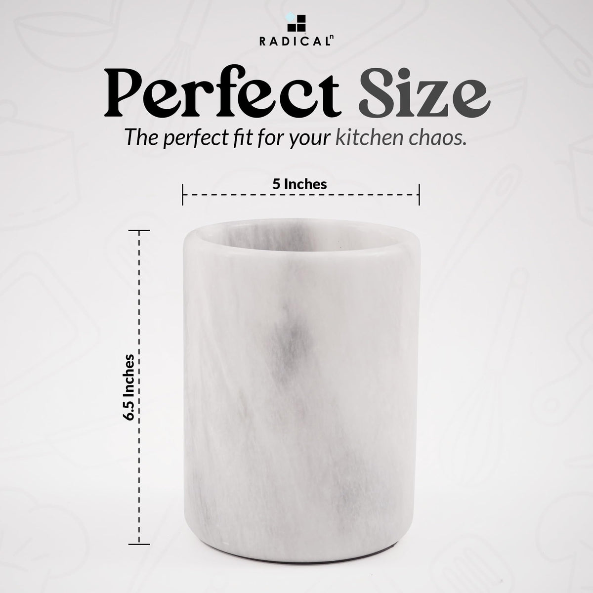 Radicaln Marble Utensil Holder with white marble finish enhances kitchen decor and usability.