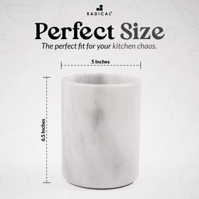 Radicaln Marble Utensil Holder with white marble finish enhances kitchen decor and usability.