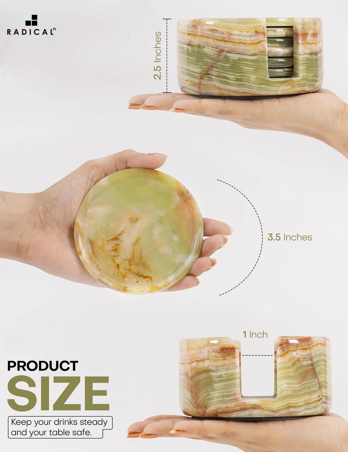 Radicaln green Onyx marble coasters on a stylish dining or coffee table.