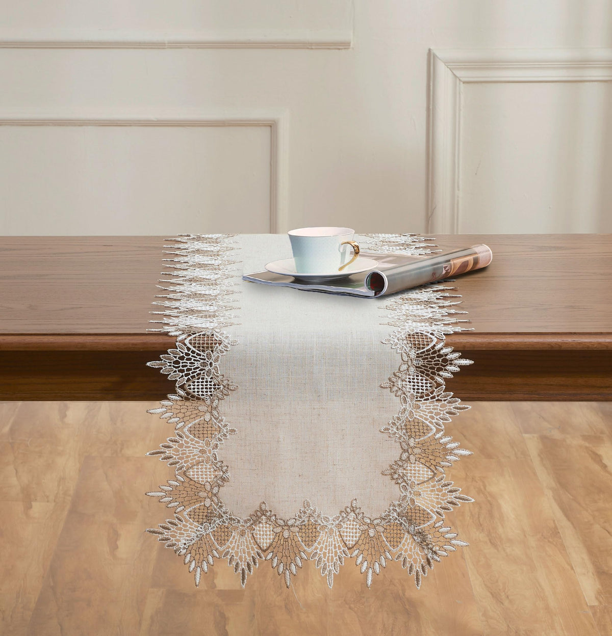 Close-up of burlap texture and embroidered lace on Raedan runner showing artisanal craftsmanship