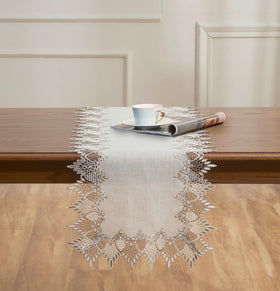 Close-up of burlap texture and embroidered lace on Raedan runner showing artisanal craftsmanship