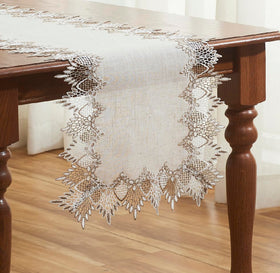 Raedan natural linen table runner with beige lace detail on a dining table for spring events