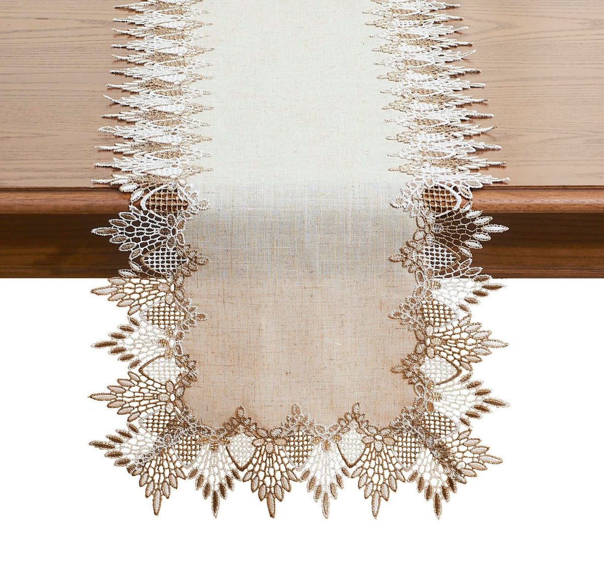 Raedan natural linen table runner with beige lace detail enhances dining ambiance.