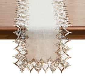 Raedan natural linen table runner with beige lace detail enhances dining ambiance.