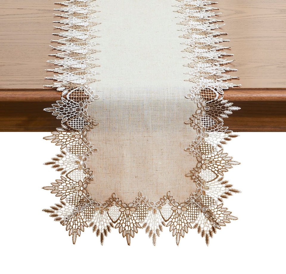 Raedan natural linen table runner with beige lace detail enhances dining ambiance.