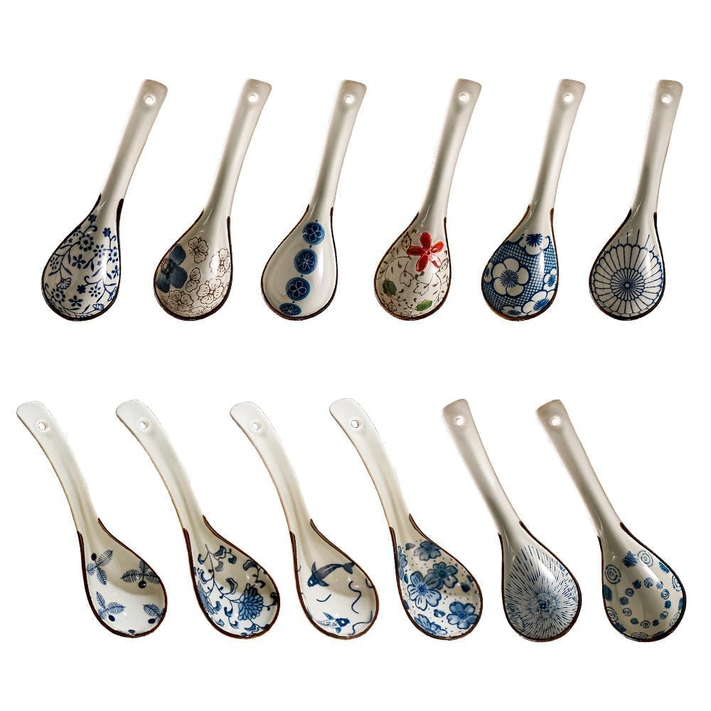 Raelitego Asian soup spoon with blue porcelain pattern, ideal for ramen and miso.