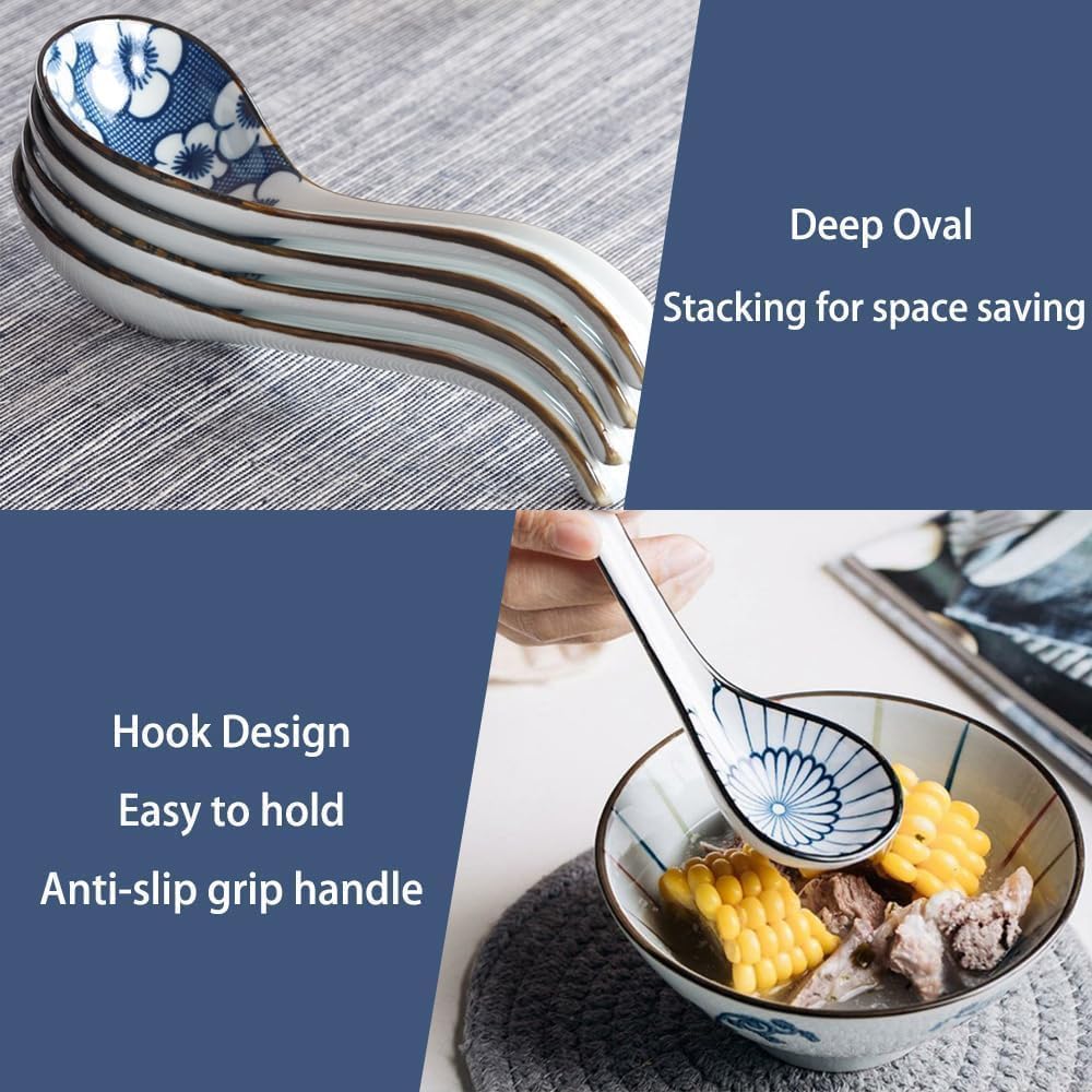 Raalitego blue white lotus pattern spoons add elegant presentation to bowls.