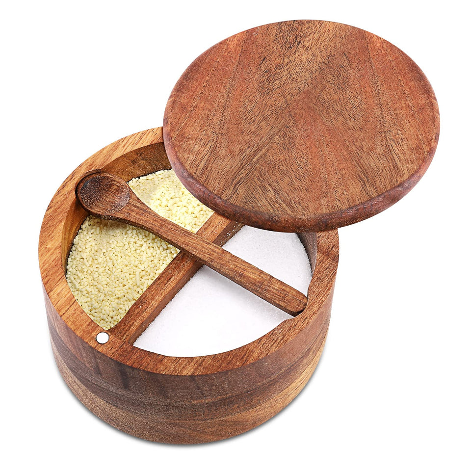 RAETTER.LY acacia salt and pepper bowl with dual compartments for organized seasoning.