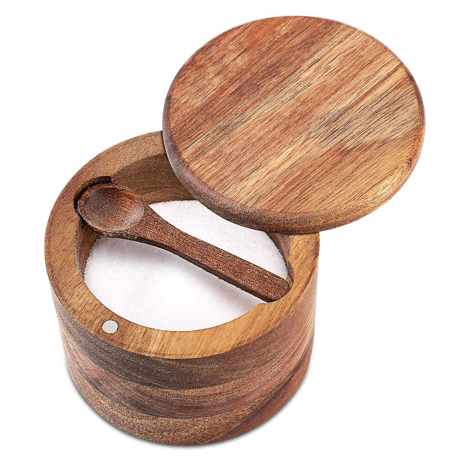 RAETTER.LY acacia wood salt bowl with built-in spoon for tidy one-handed seasoning