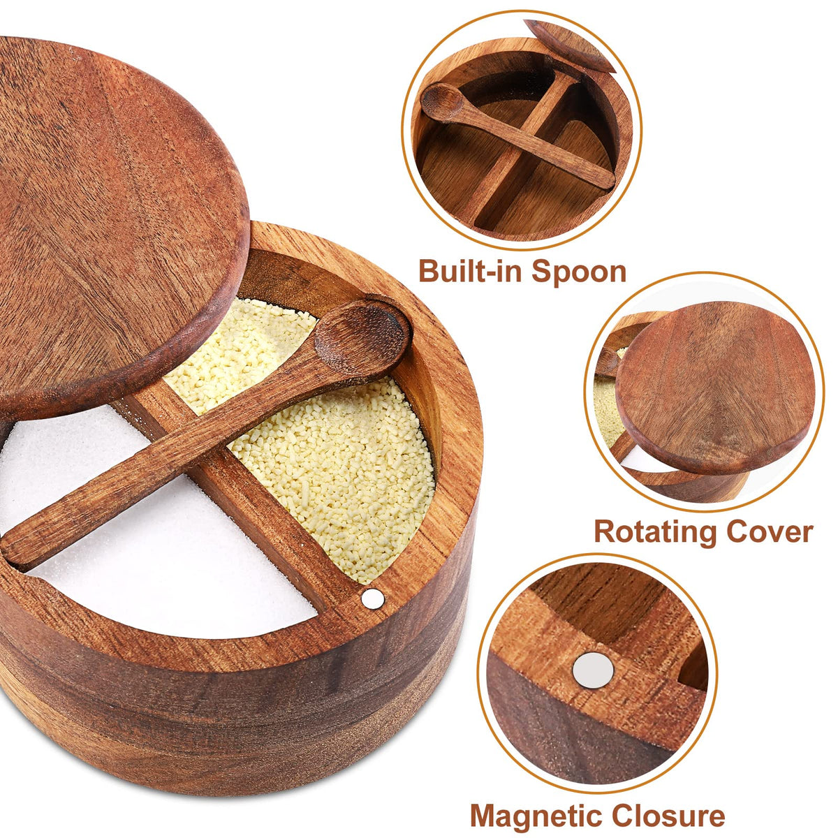 RAETTER.LY acacia wood spice storage with built-in spoon for clean, one-handed use.