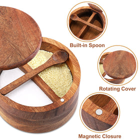 RAETTER.LY acacia wood spice storage with built-in spoon for clean, one-handed use.