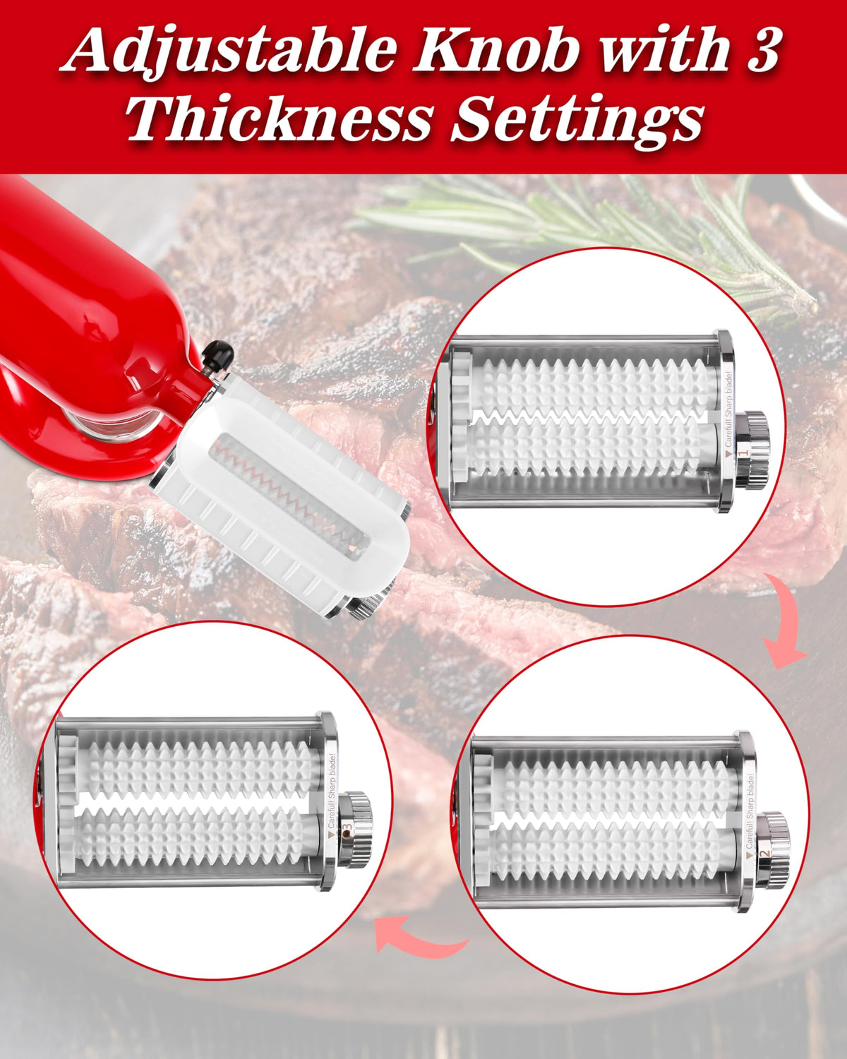Three-level tenderizing knob enables precise texture control for different cuts.