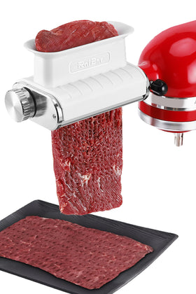RAF BAR meat tenderizer attachment mounted on a KitchenAid mixer for beef and pork.