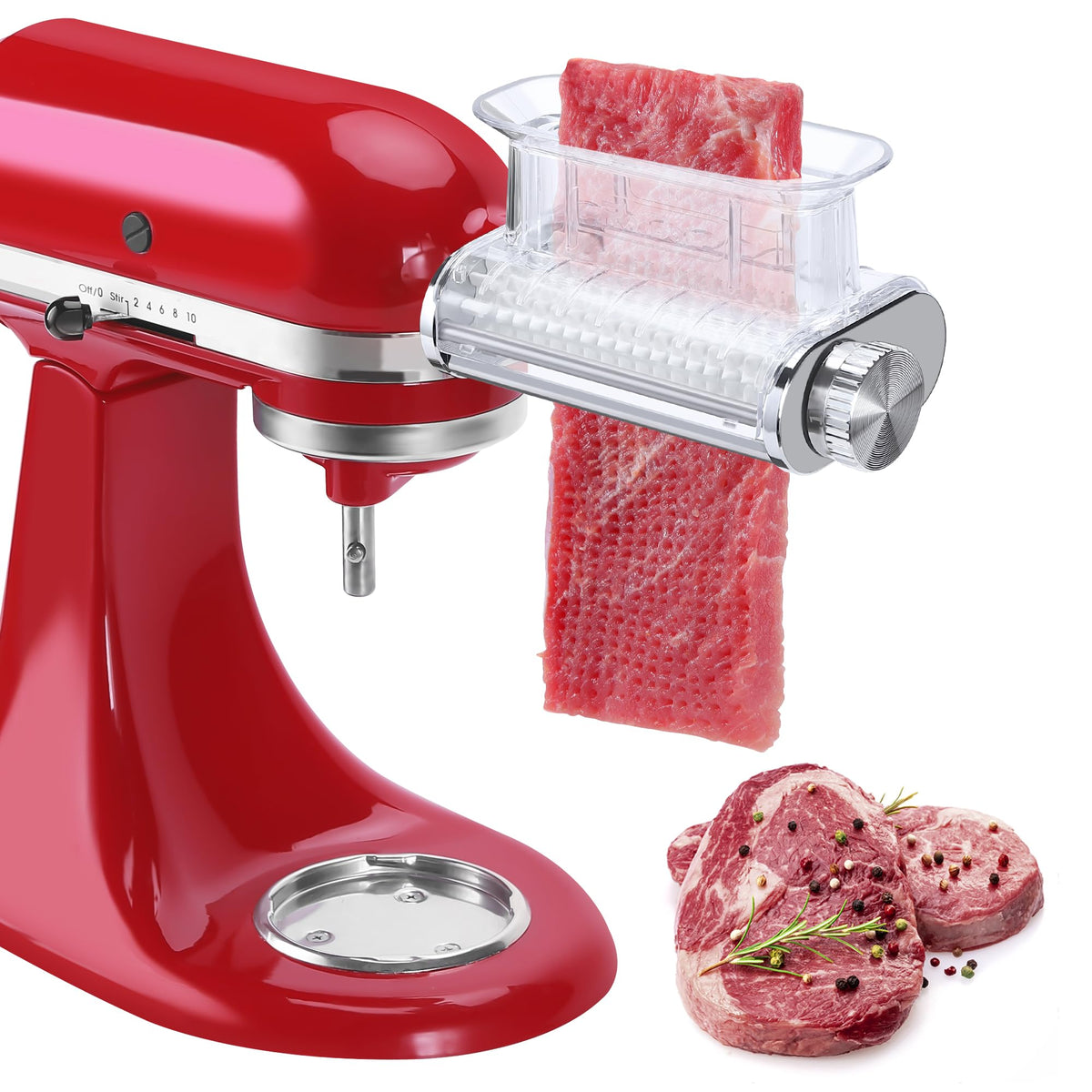 RAF BAR meat tenderizer attachment on KitchenAid with transparent lid for visual tenderizing