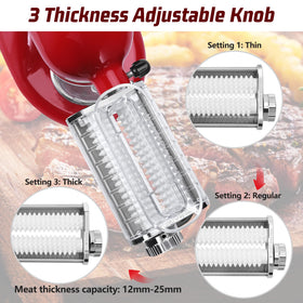 RAF BAR meat tenderizer attachment showing adjustable thickness settings for precision