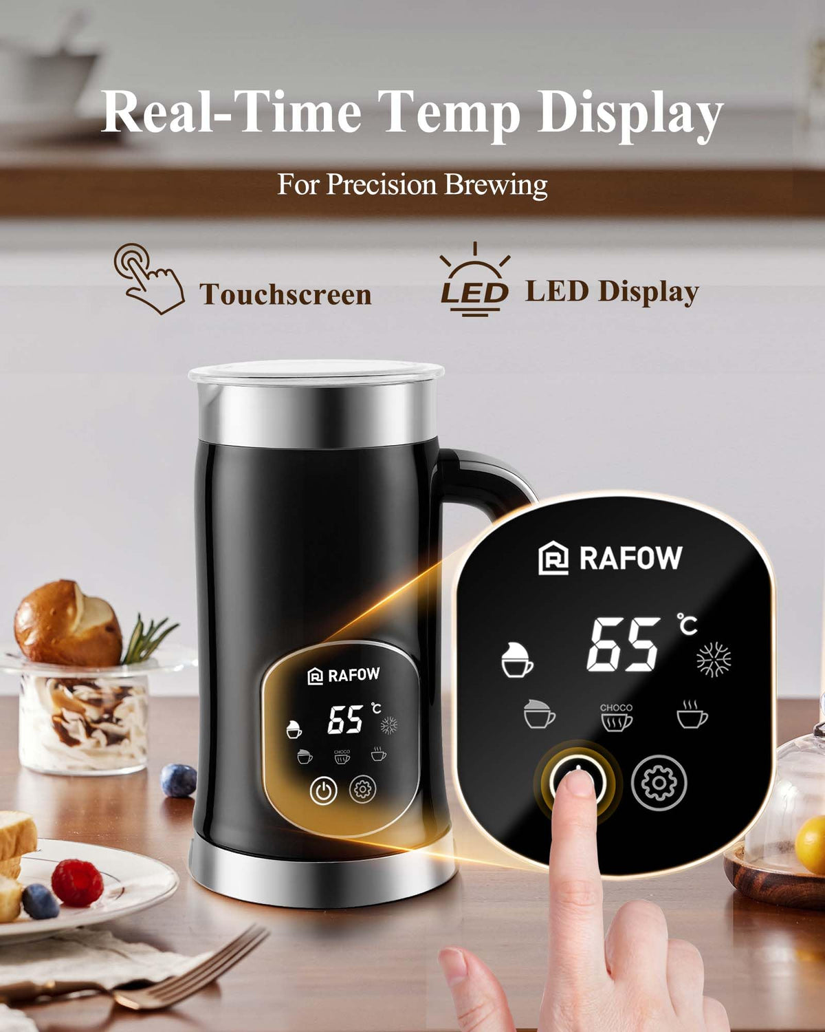 Rafow 350ml capacity illustrating ample frothing capacity for daily beverages.