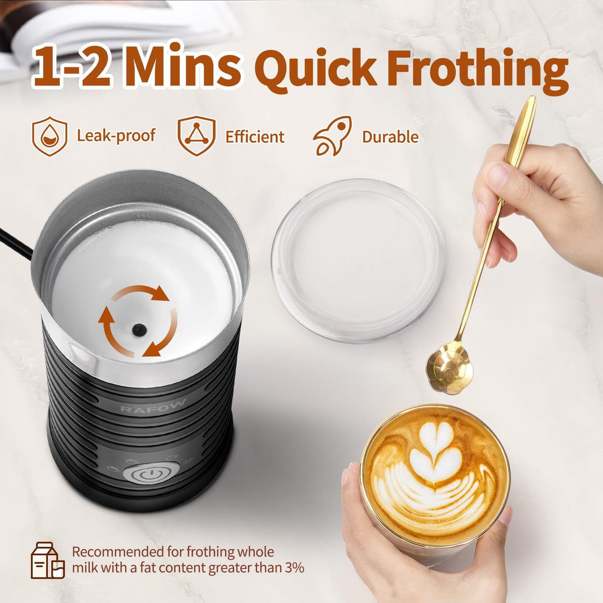 Rafow cold foam mode froths milk for iced drinks.