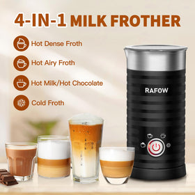 Rafow 4-in-1 milk frother top view highlighting compact design and controls.