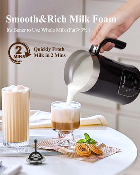 Rafow hot and cold froth modes demonstrated for versatile drinks.