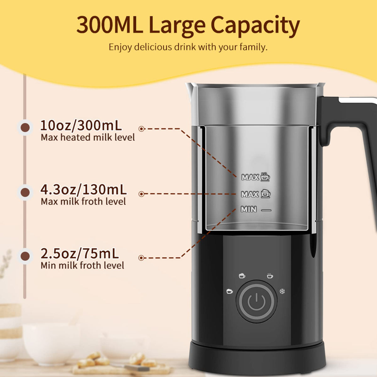 Rafow low-noise milk frother in use during morning routine