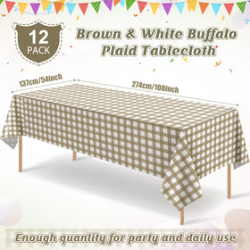 Ragnhild 12-pack brown and white gingham tablecloths, bulk party prep with clean disposable use.