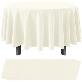 Ragnhild 16-pack beige round tablecloths cover an 84-inch round table.