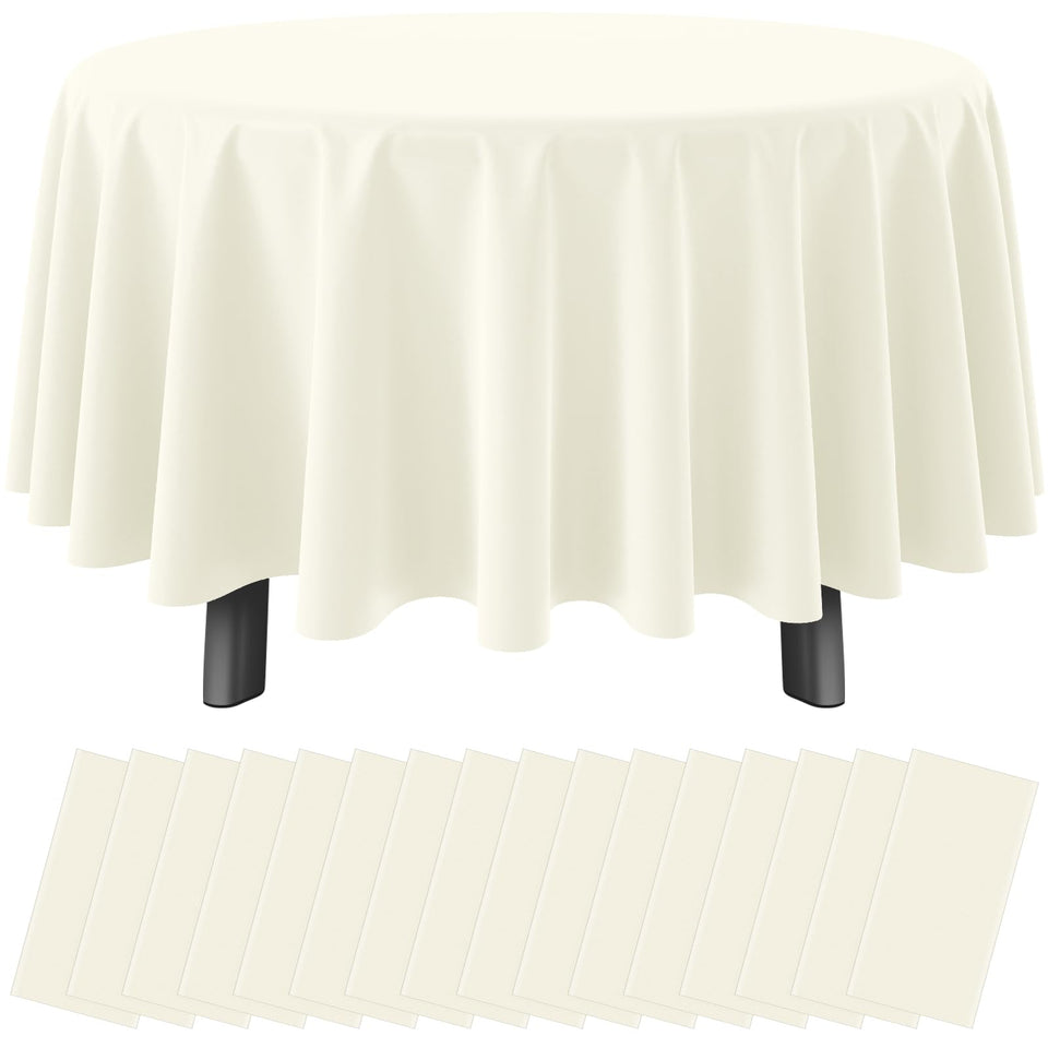 Ragnhild 16-pack beige round tablecloths cover an 84-inch round table.