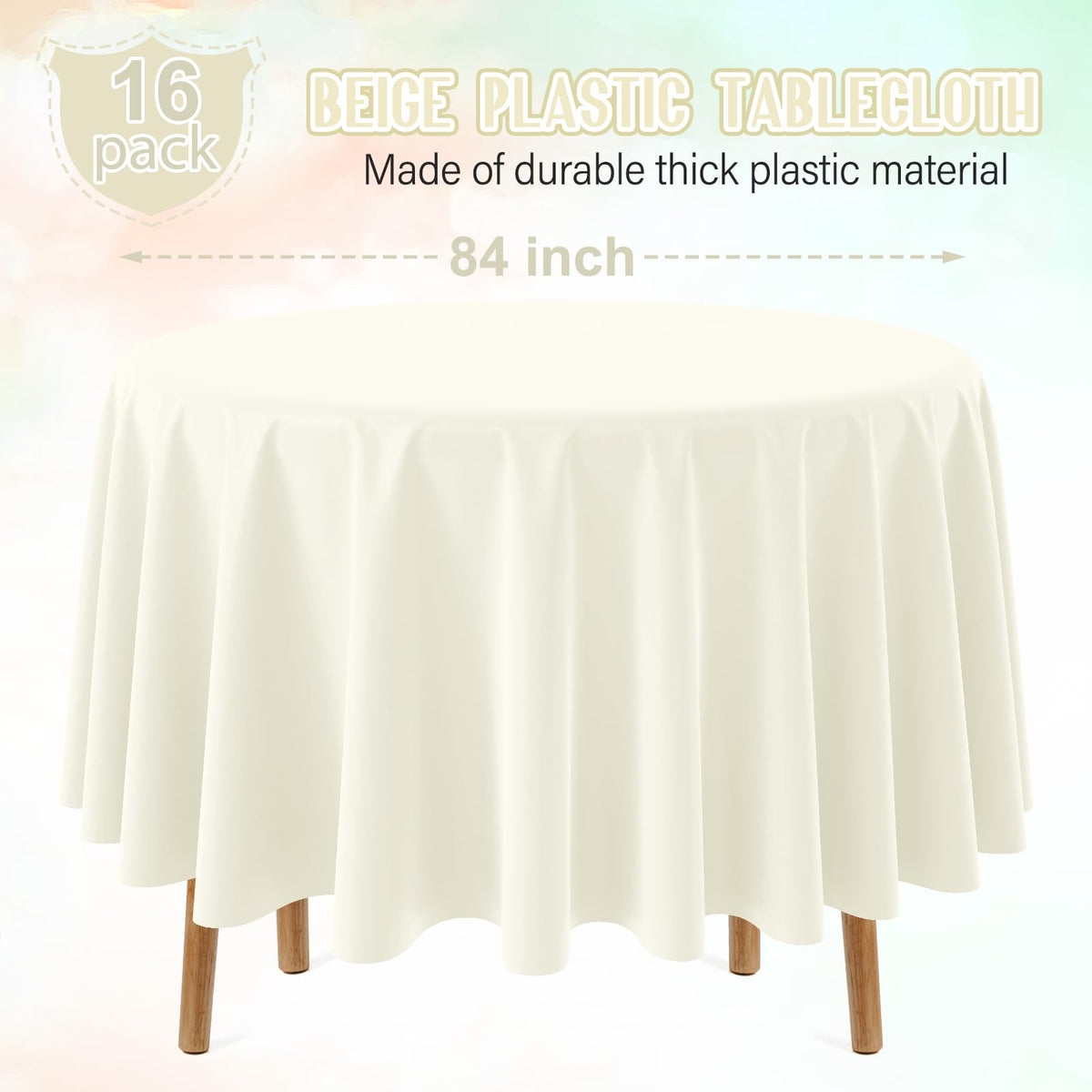 Ragnhild beige round tablecloth showcases durable plastic material.