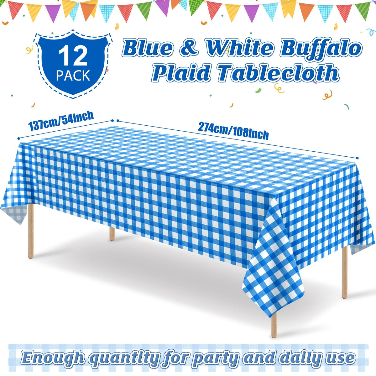 Ragnhild blue and white checkered tablecloth, 54x108, protects surfaces at parties.