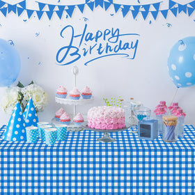 Ragnhild blue and white checkered tablecloth remains lightweight yet durable throughout events.