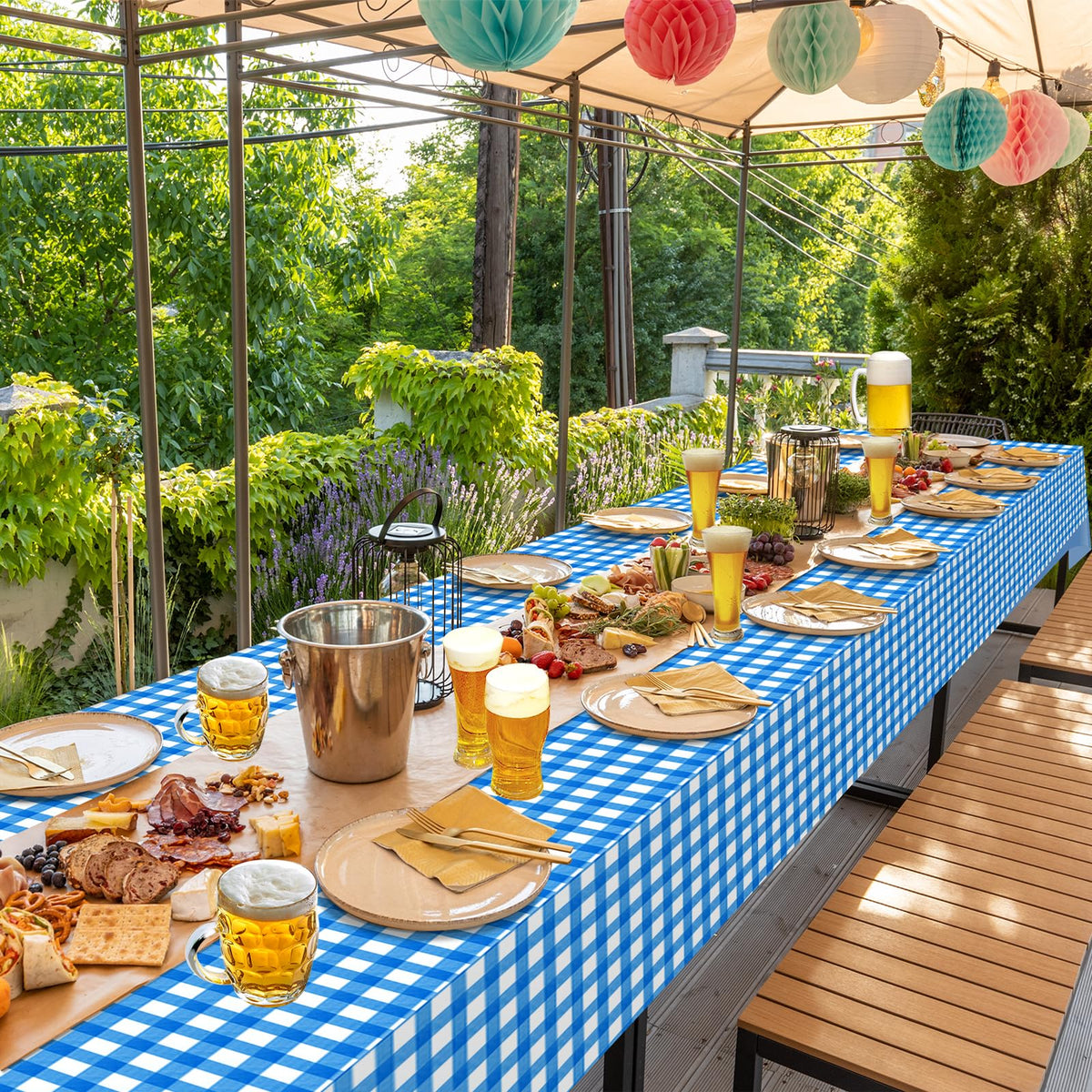 Ragnhild blue and white checkered tablecloth prevents stains from spills.