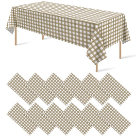 Ragnhild brown and white gingham tablecloth on a 54x108 setup for a stylish dining table.