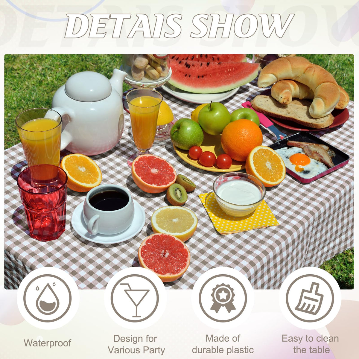 Ragnhild gingham tablecloth demonstrates durability and waterproof surface for outdoor events.