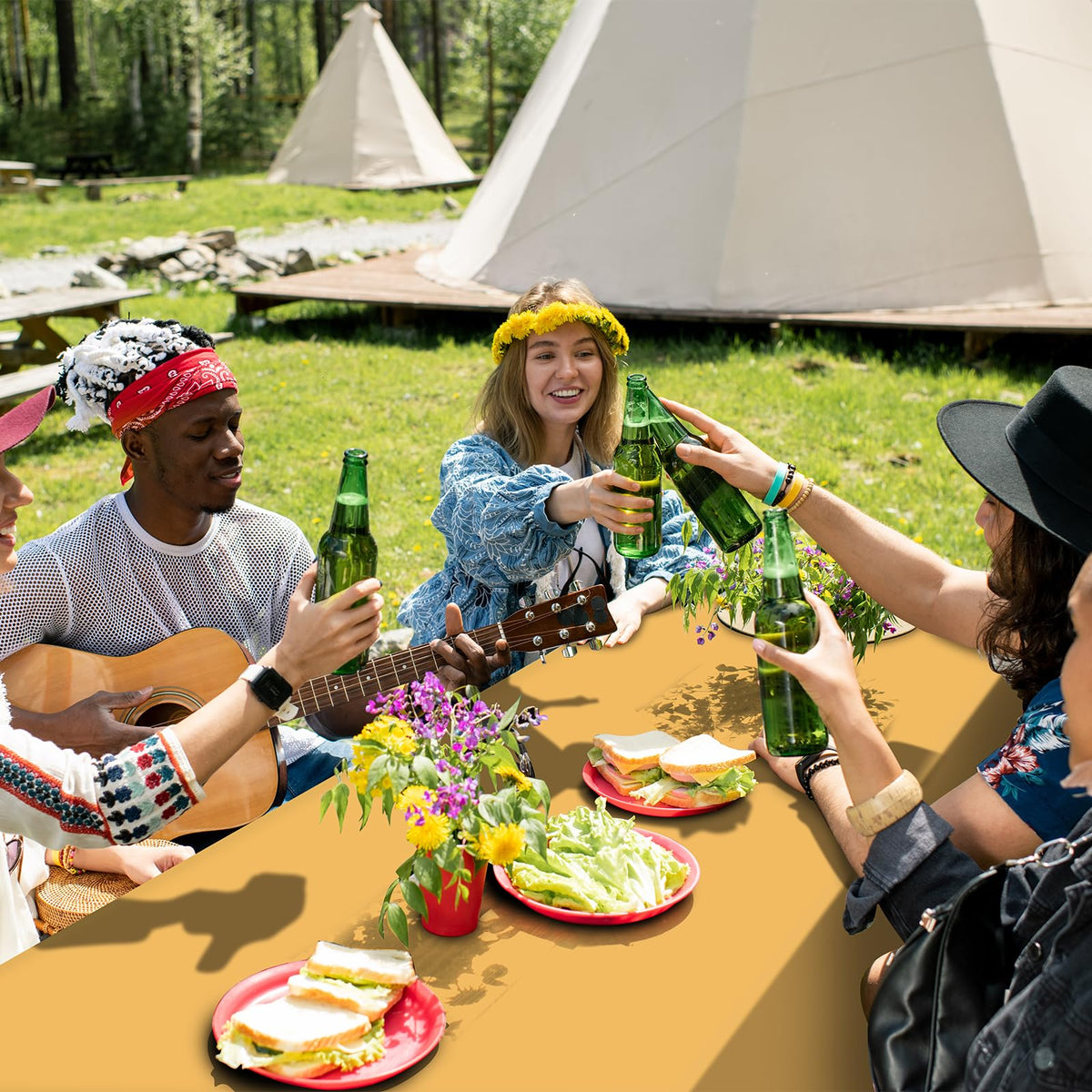 Ragnhild gold tablecloth dining setup ready for quick party prep