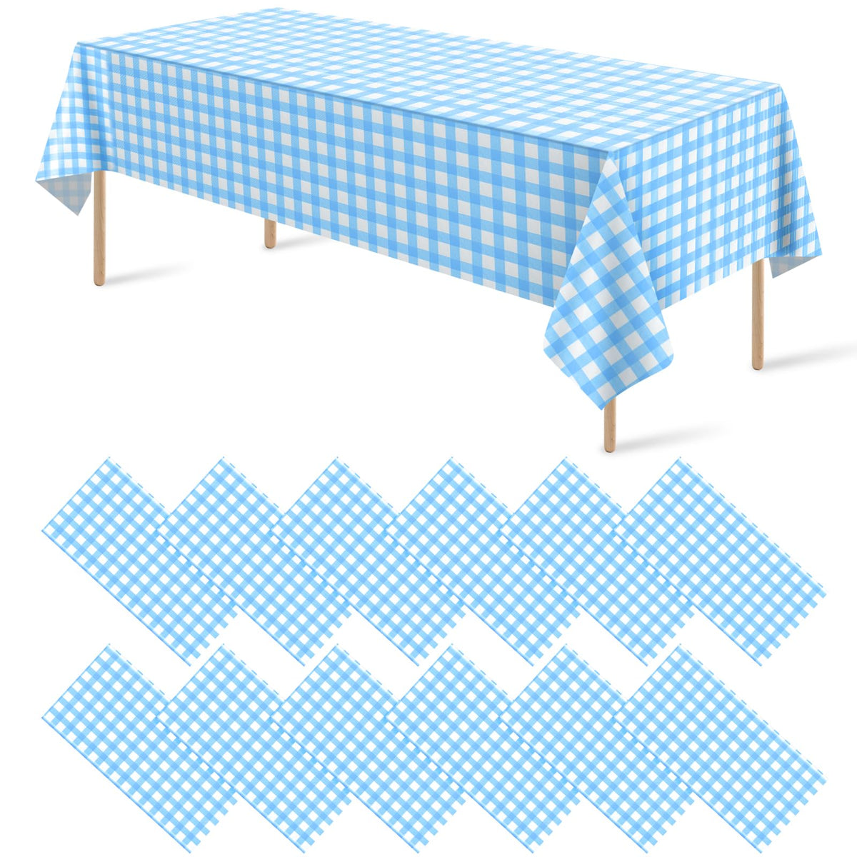 Ragnhild light blue gingham tablecloth, 54x108 inches on a picnic table.