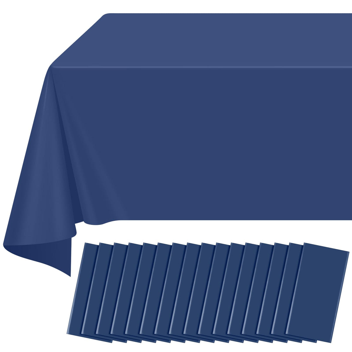 Ragnhild navy blue rectangle tablecloth on 54x108 inch table for a clean dining setup