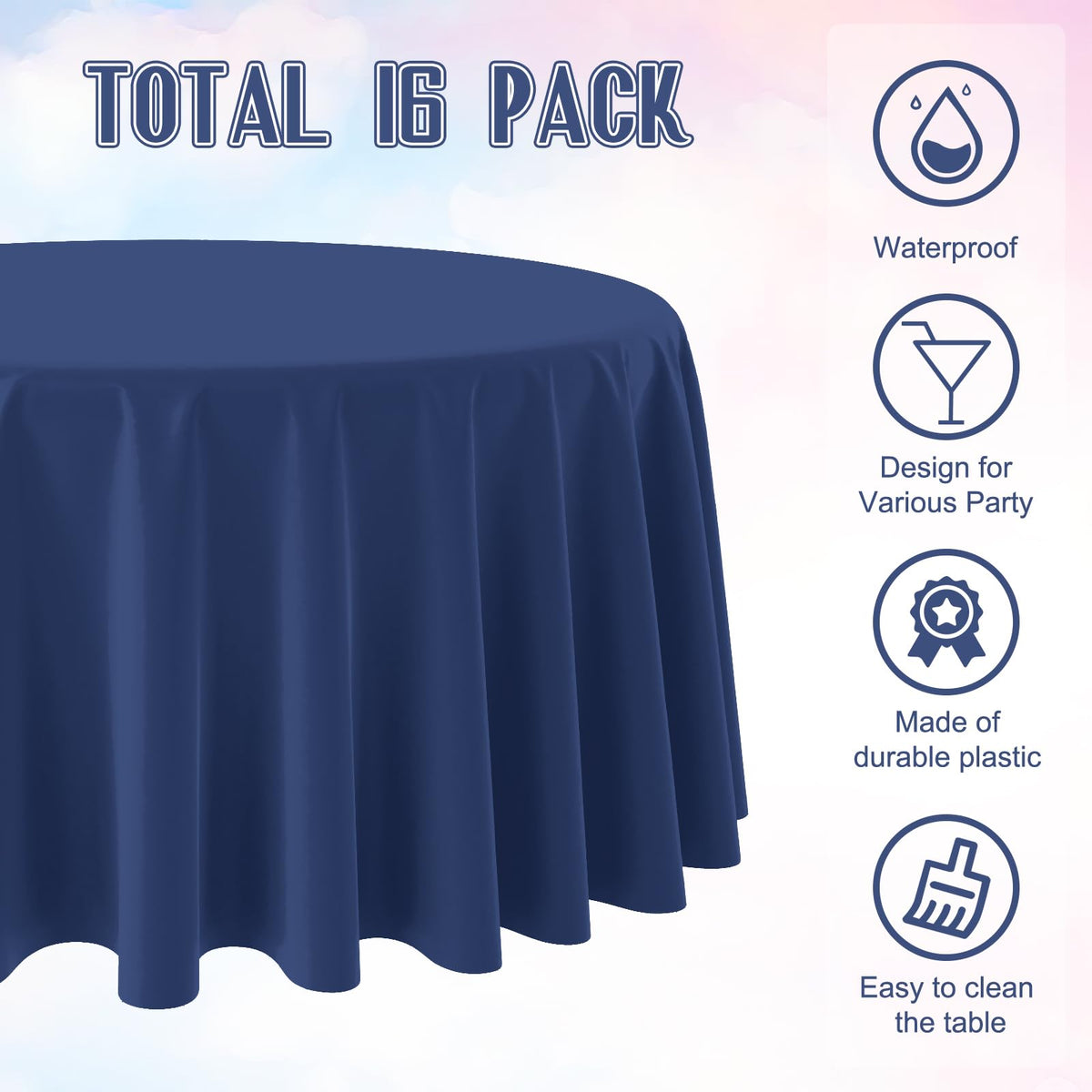 Ragnhild navy round table decoration setup enhances party ambiance.