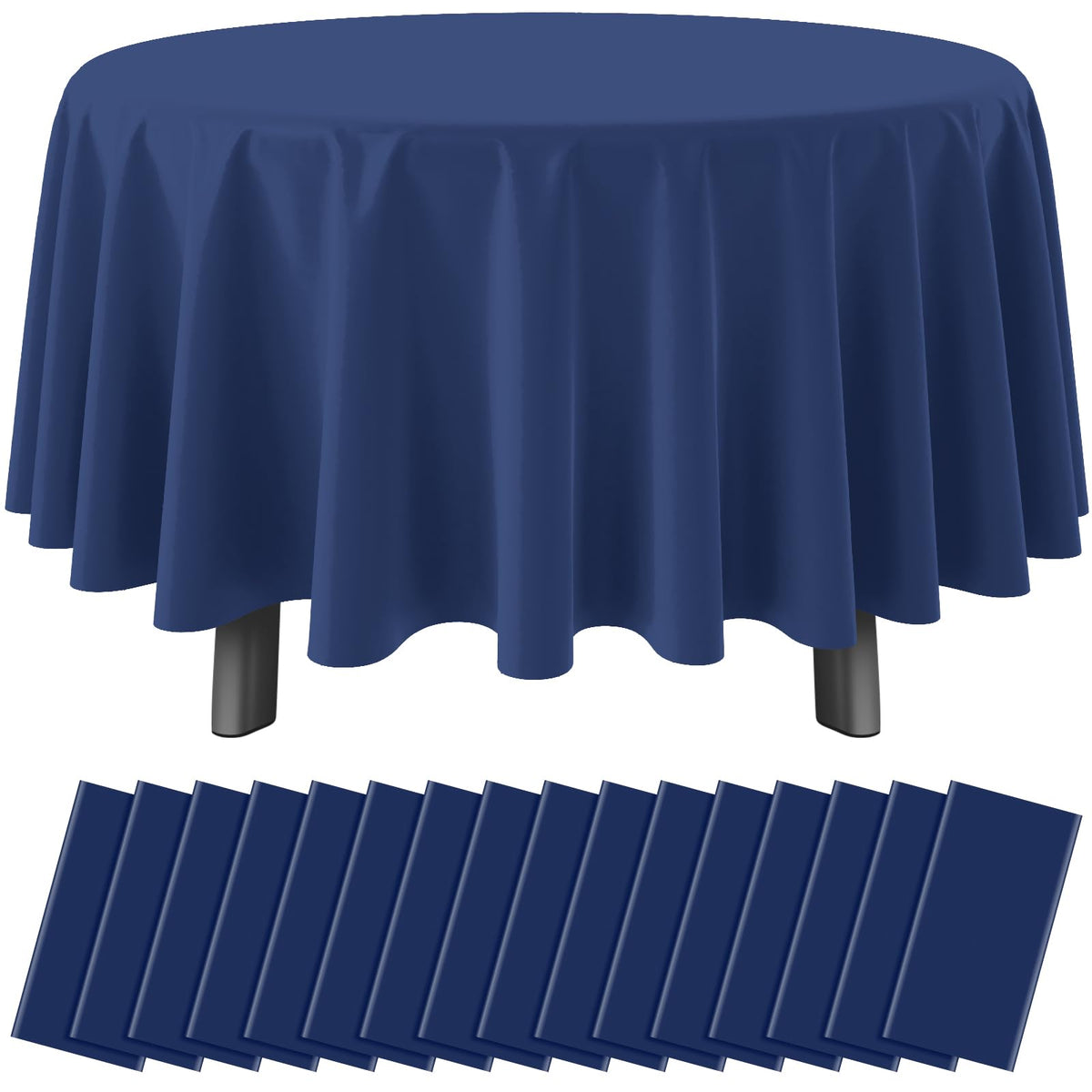 Ragnhild navy round tablecloth 84in diameter protects tables during gatherings.