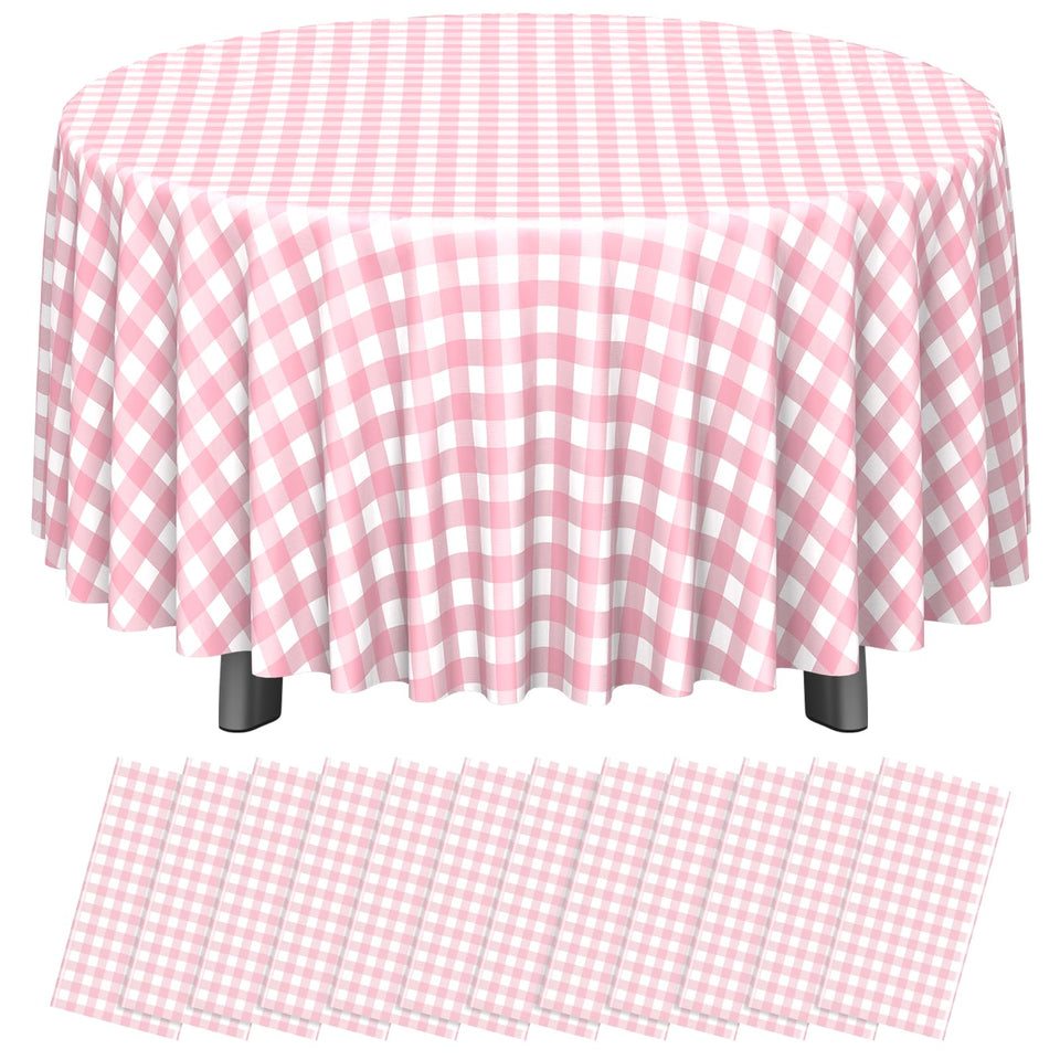 Ragnhild pink-white round gingham tablecloth on a table, ideal for casual picnics.