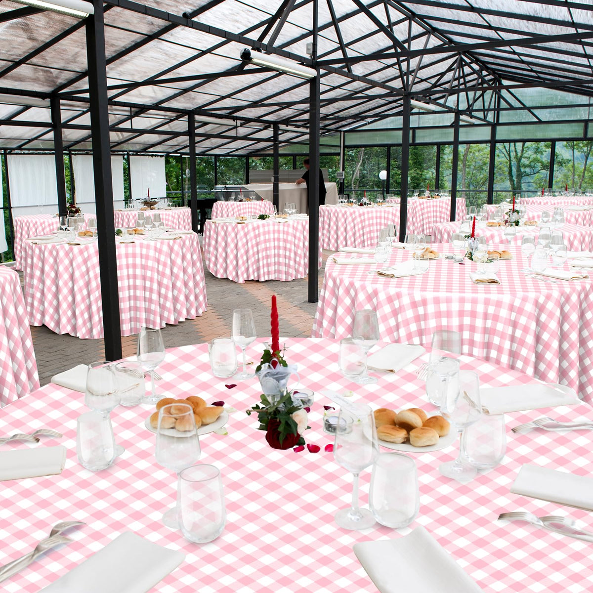 Ragnhild pink-white round gingham tablecloth box, showcasing packaging and bulk value.