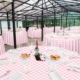 Ragnhild pink-white round gingham tablecloth box, showcasing packaging and bulk value.