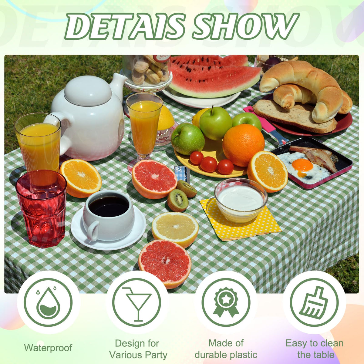 Ragnhild waterproof plastic tablecloth protects surfaces during outdoor meals.