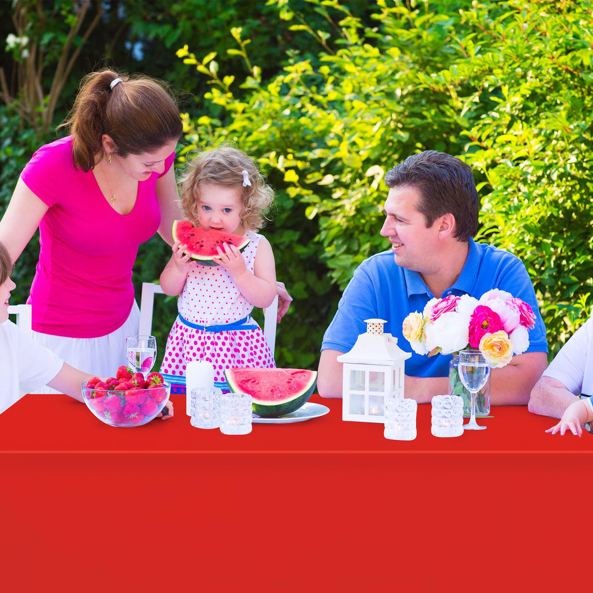 Ragnhild red tablecloth on banquet table for elegant theme coordination