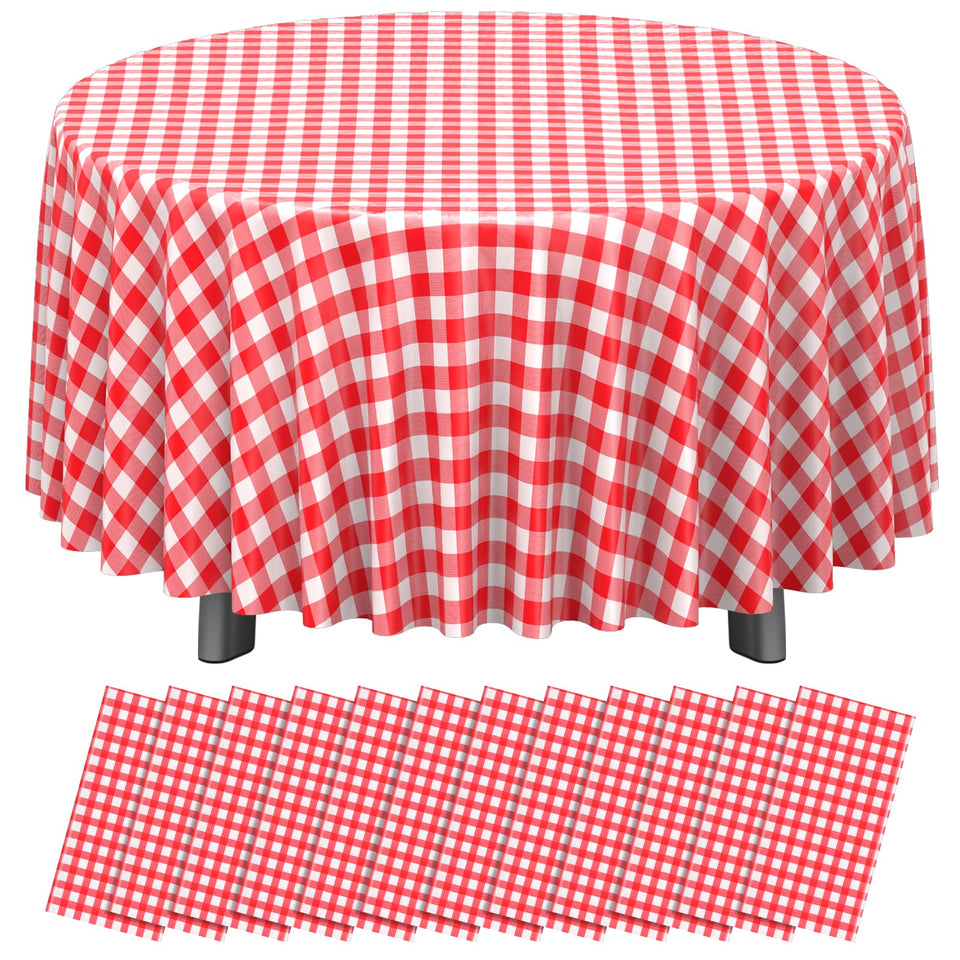 Ragnhild red and white round gingham tablecloth on a festive table for a celebration
