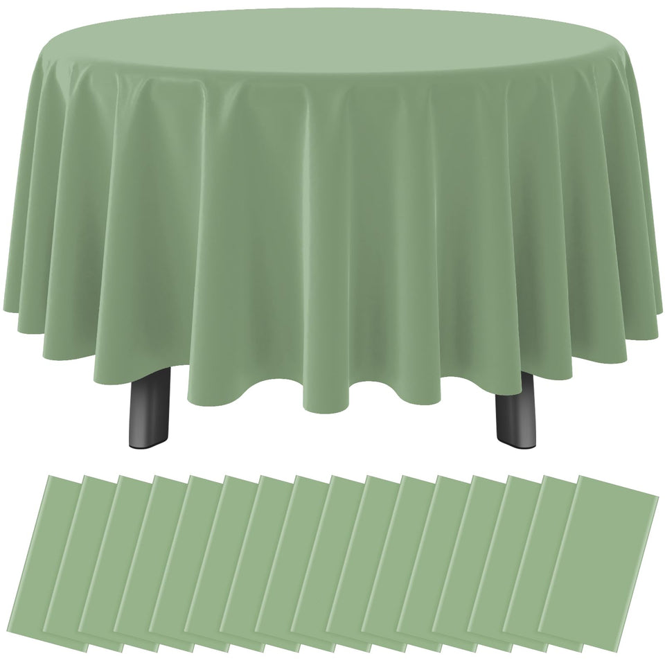 Ragnhild sage green round tablecloth 84 inch on a party table, protecting surfaces