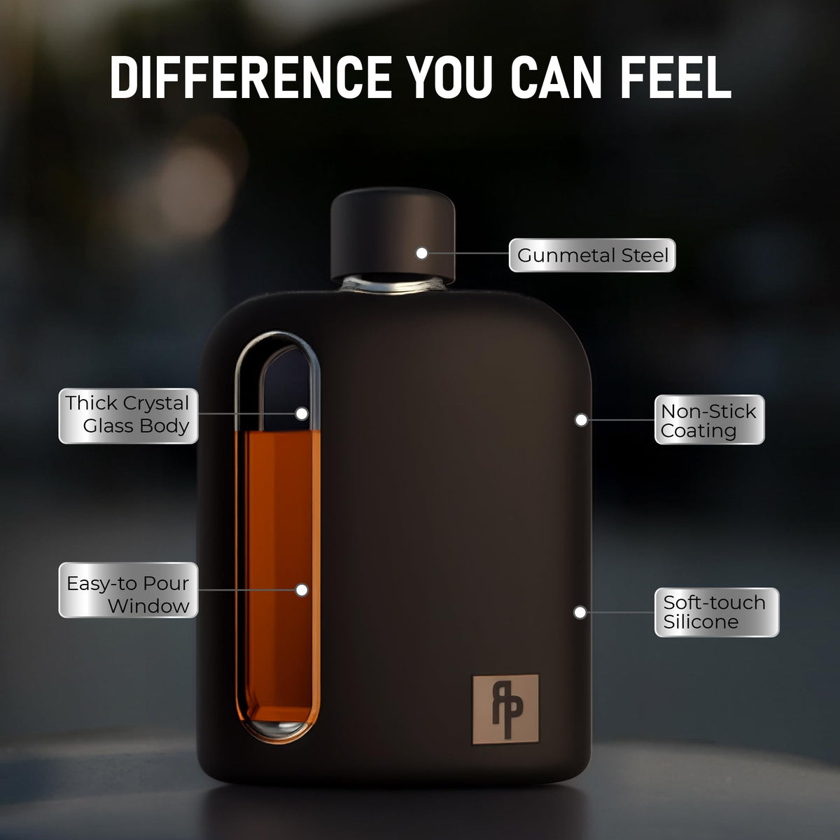Ragproper glass flask with gun metal lid for a premium finish.