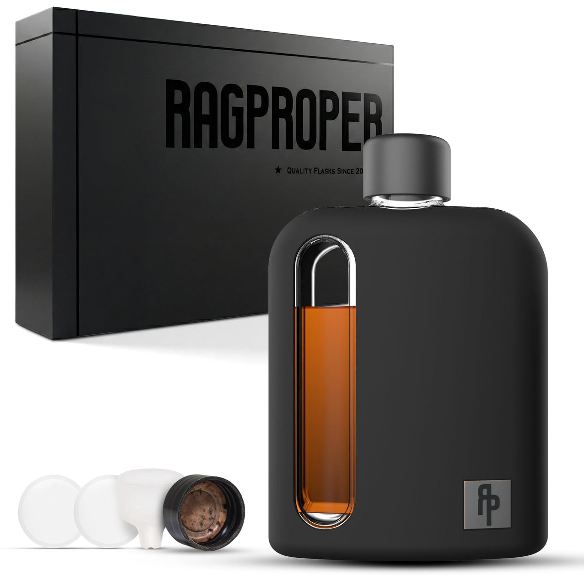 Ragproper glass flask with silicone sleeve providing secure grip.