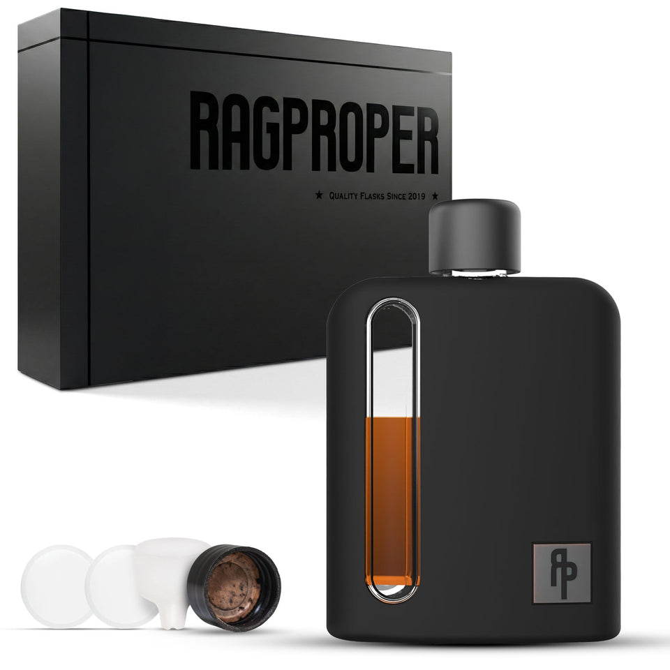 Ragproper glass hip flask with silicone sleeve provides a refined grip and protection.