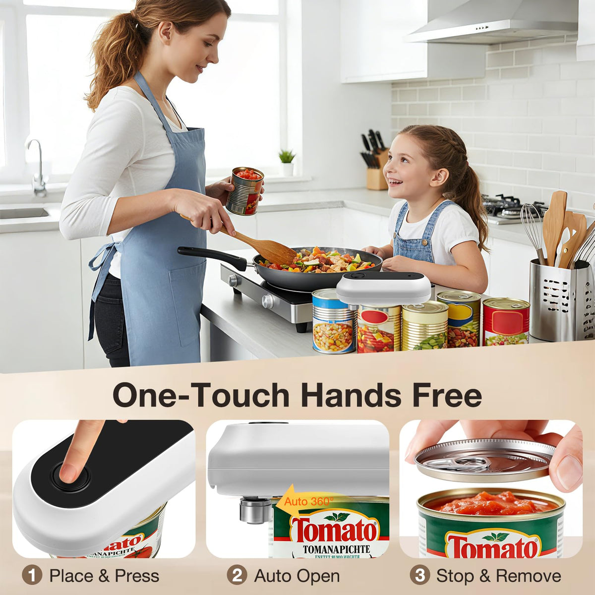 Rainaley can opener demonstrates smooth-edge lid lift for safety